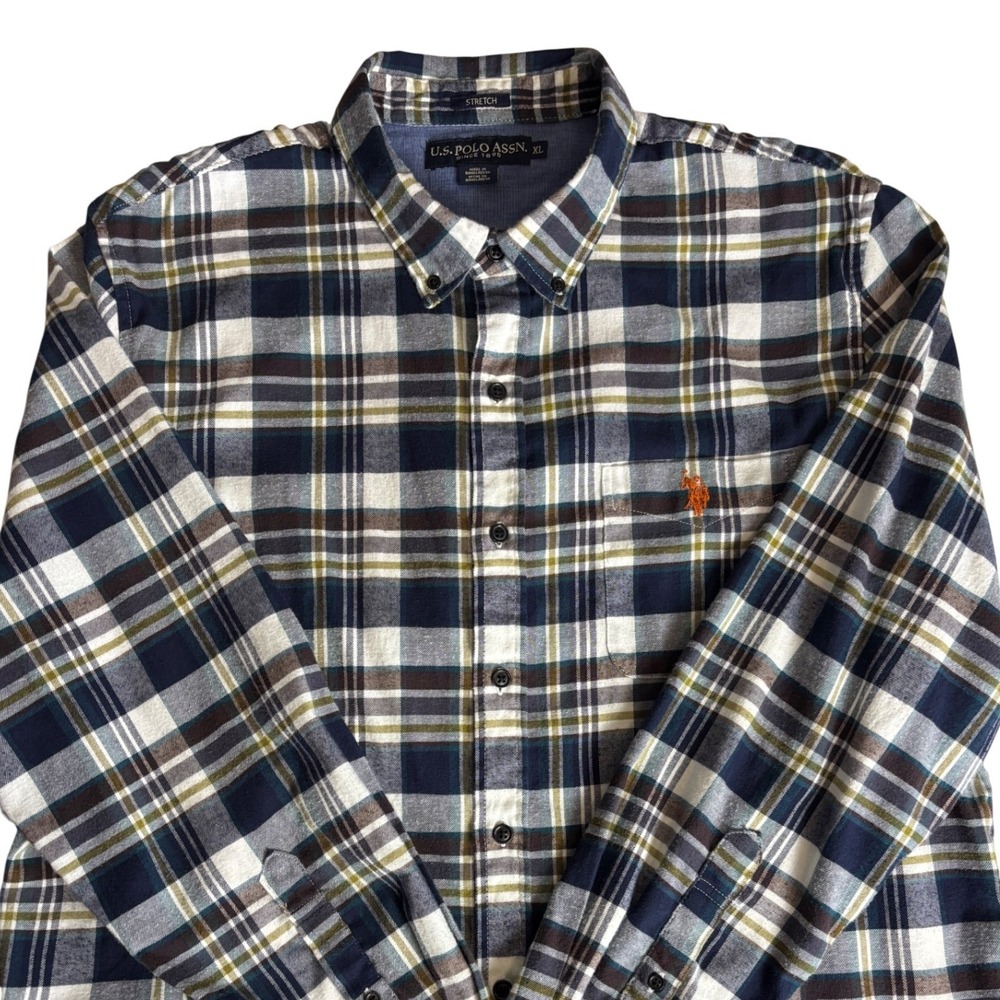 US Polo Assn Mens XL Plaid Button Down Shirt Navy Burgundy Stretch Long Sleeve